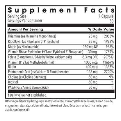 Supplement Facts panel listing thiamine riboflavin niacin folate vitamin B6 and vitamin B12 for the MethylPro B-Complex.
