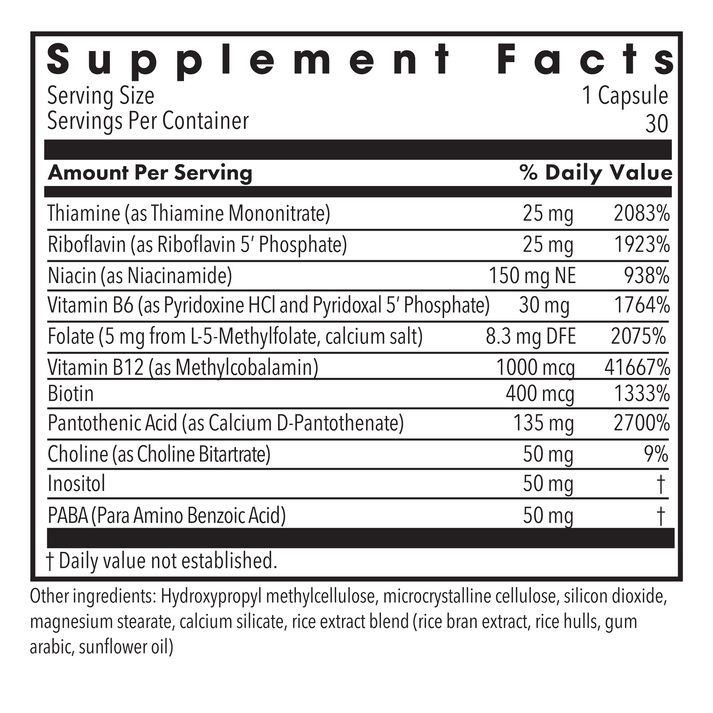 Supplement Facts panel listing thiamine riboflavin niacin folate vitamin B6 and vitamin B12 for the MethylPro B-Complex.