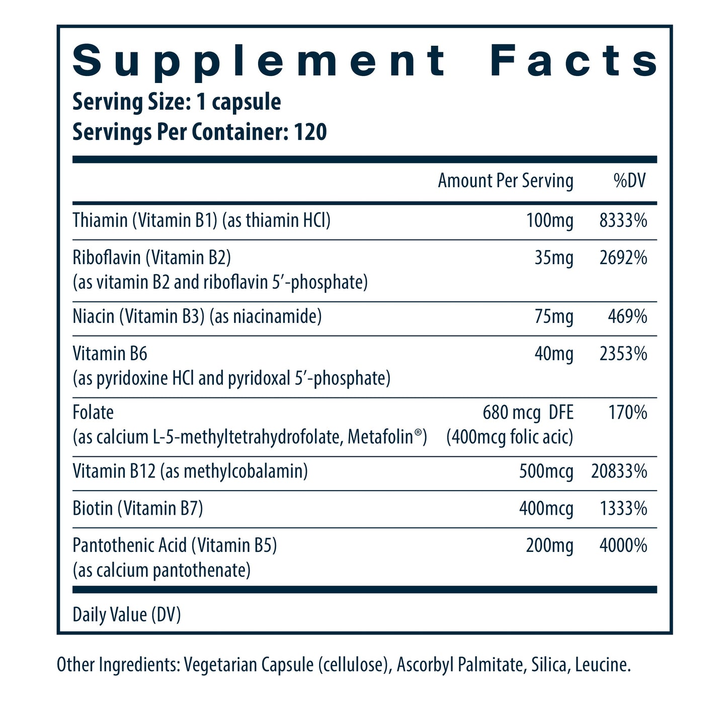 Supplement facts table listing vitamins and their amounts per serving, including Thiamin, Riboflavin, Niacin, and others.