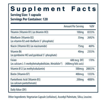 Supplement facts table listing vitamins and their amounts per serving, including Thiamin, Riboflavin, Niacin, and others.