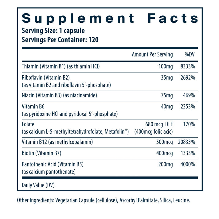 Supplement facts table listing vitamins and their amounts per serving, including Thiamin, Riboflavin, Niacin, and others.