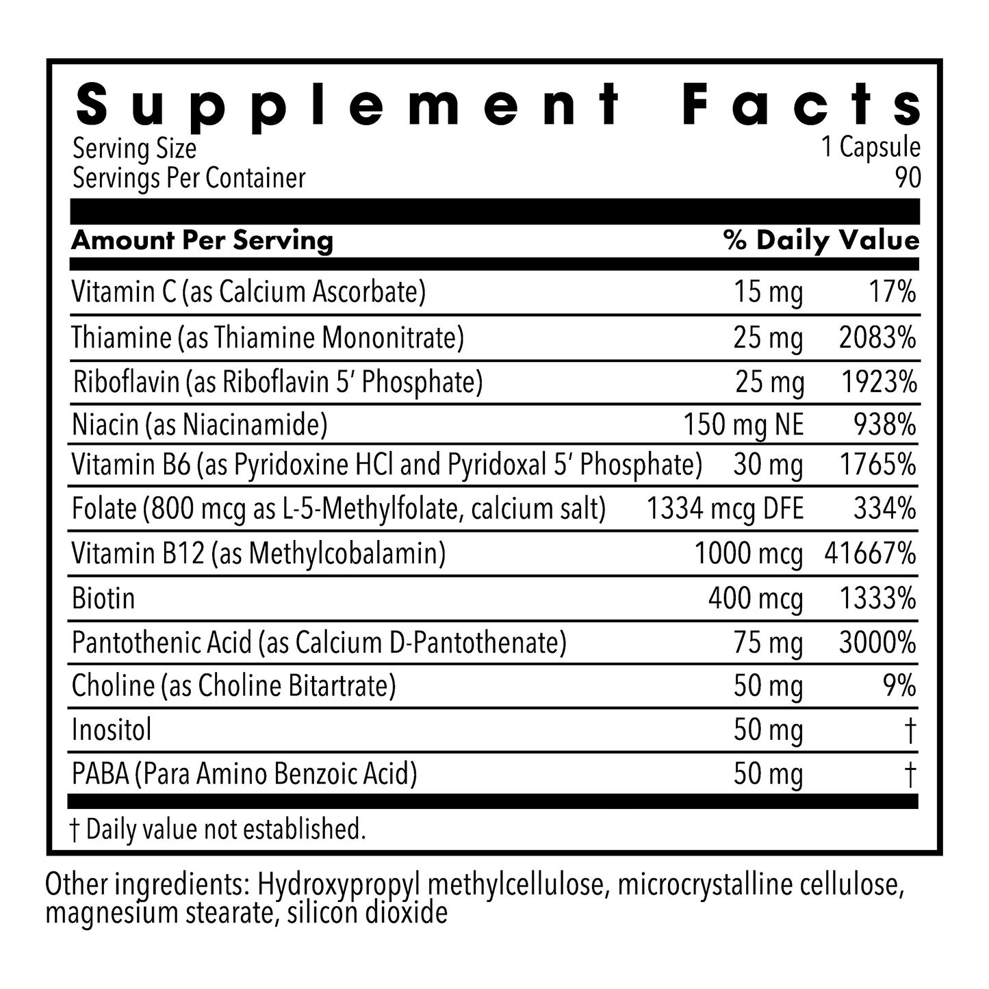 Supplement Facts panel for Metabolic Maintenance B-Complex listing vitamins and amounts.