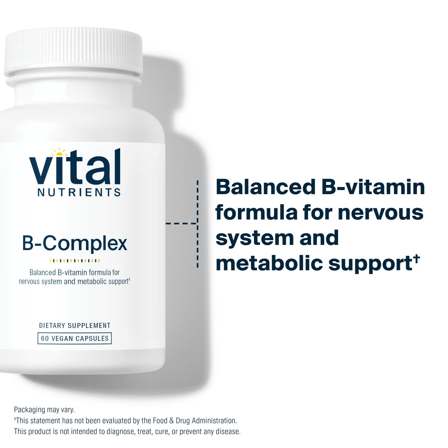 A white bottle labeled "B-Complex" from Vital Nutrients, featuring a description of its benefits for the nervous system and metabolism.