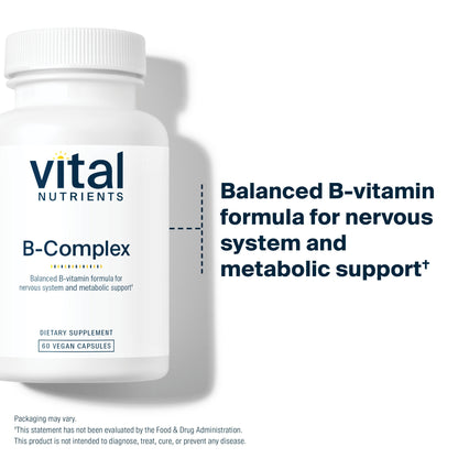 A white bottle labeled "B-Complex" from Vital Nutrients, featuring a description of its benefits for the nervous system and metabolism.