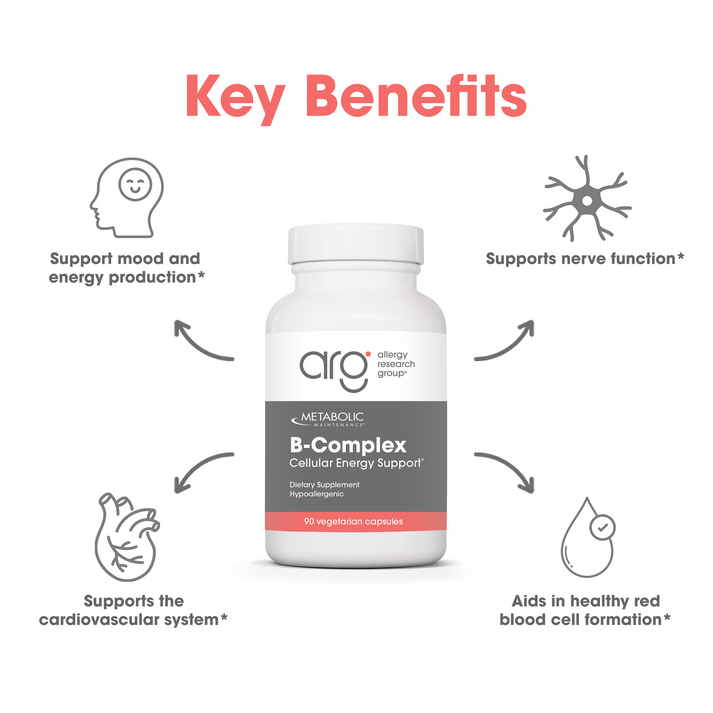 Suggested Use panel with capsule directions beside the Metabolic Maintenance B-Complex bottle.