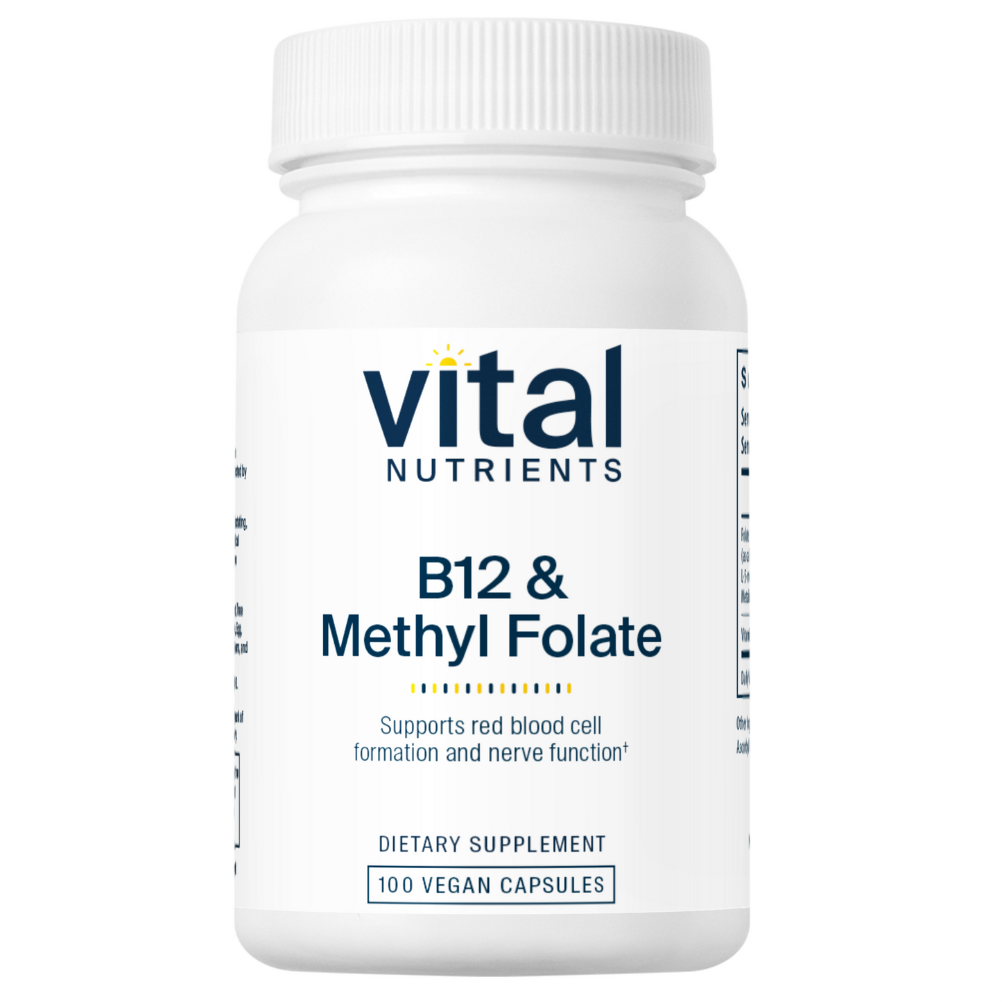 A white bottle of dietary supplement labeled "Vital Nutrients B12 & Methyl Folate," containing 100 vegan capsules.