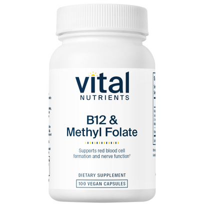 A white bottle of dietary supplement labeled "Vital Nutrients B12 & Methyl Folate," containing 100 vegan capsules.