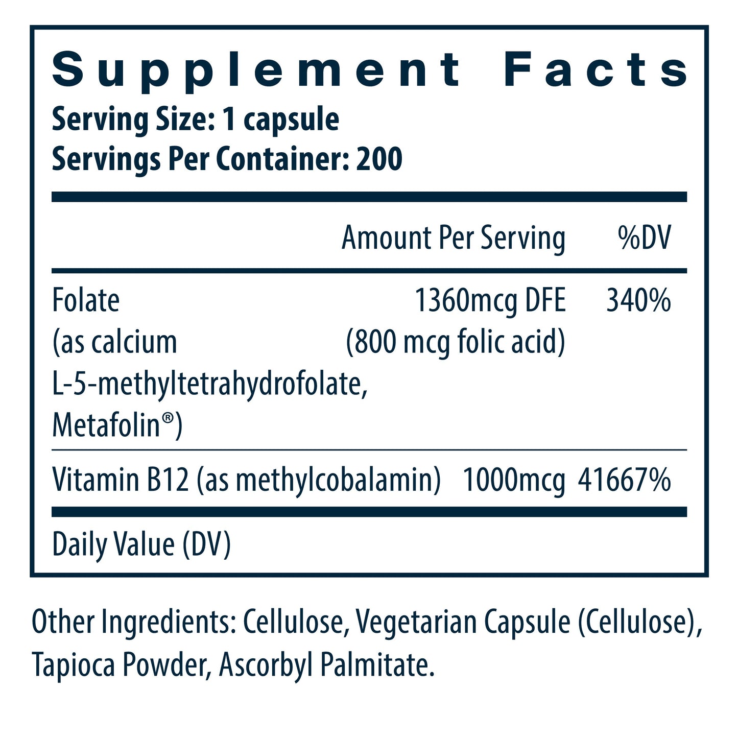 Supplement facts for a capsule: 1360mcg folate (340% DV), 1000mcg Vitamin B12 (41667% DV). Contains cellulose and tapioca powder.