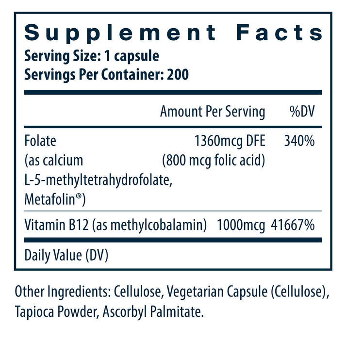 Supplement facts for a capsule: 1360mcg folate (340% DV), 1000mcg Vitamin B12 (41667% DV). Contains cellulose and tapioca powder.