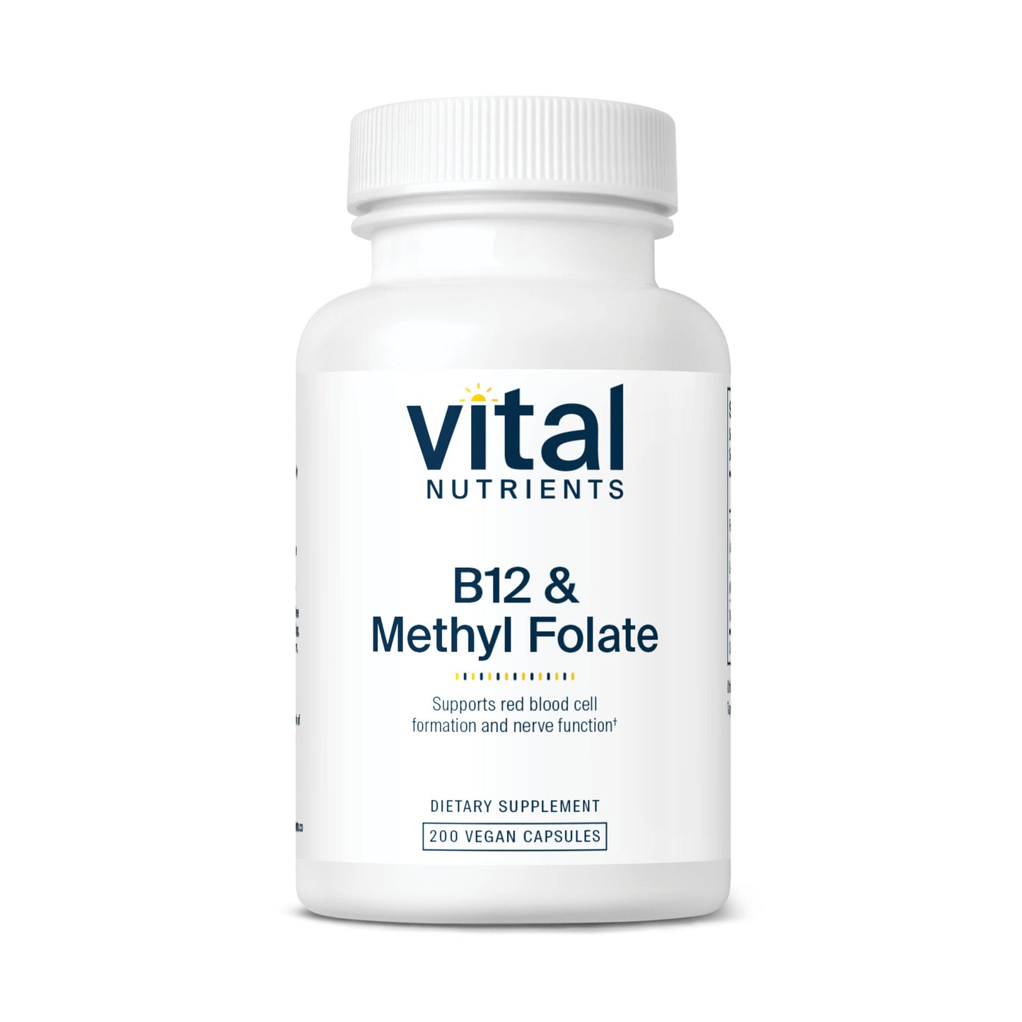 A white bottle labeled "Vital Nutrients B12 & Methyl Folate," containing 200 vegan capsules, promoting red blood cell and nerve function.
