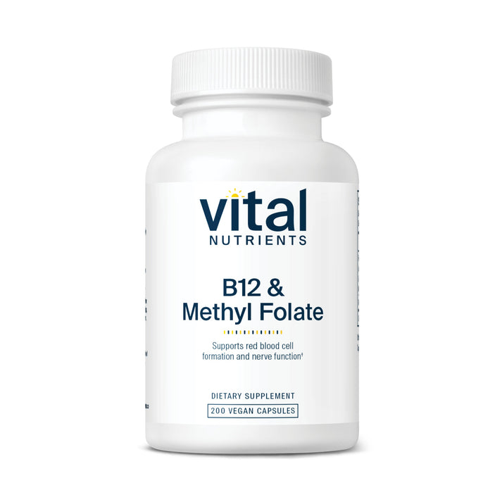 A white bottle labeled "Vital Nutrients B12 & Methyl Folate," containing 200 vegan capsules, promoting red blood cell and nerve function.