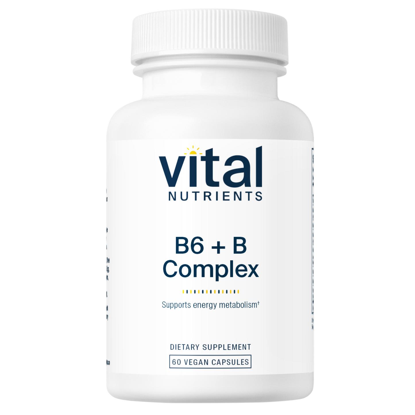 A white bottle labeled "Vital Nutrients B6 + B Complex," containing 60 vegan capsules, promoting energy metabolism.