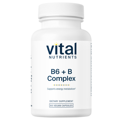 A white bottle labeled "Vital Nutrients B6 + B Complex," containing 60 vegan capsules, promoting energy metabolism.