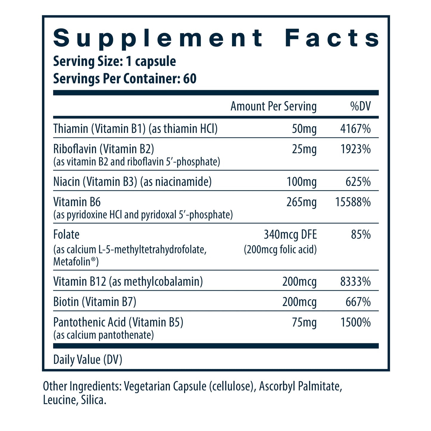 Vital Nutrients B6 + B Complex supplement facts panel.