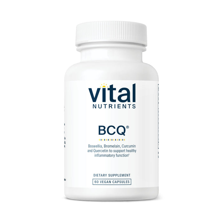 A white bottle labeled "Vital Nutrients BCQ" containing 60 vegan capsules, promoting healthy inflammatory function.