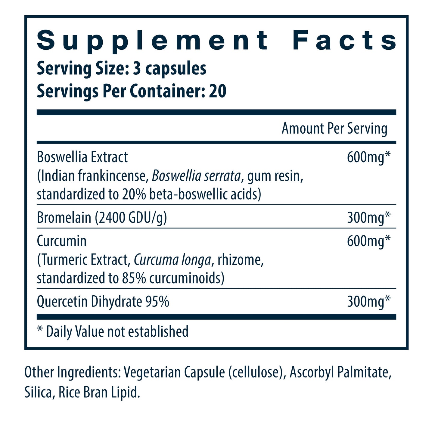 Supplement facts for a product listing ingredients and their amounts per serving, including Boswellia Extract, Bromelain, Curcumin, and Quercetin Dihydrate.