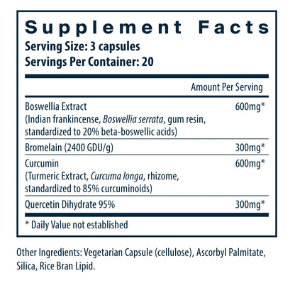 Supplement facts for a product listing ingredients and their amounts per serving, including Boswellia Extract, Bromelain, Curcumin, and Quercetin Dihydrate.