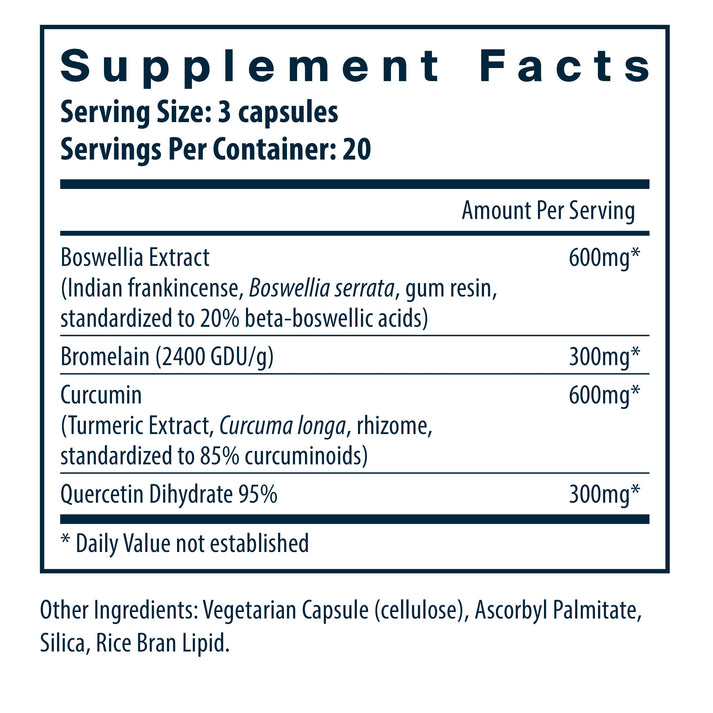 Supplement facts for a product listing ingredients and their amounts per serving, including Boswellia Extract, Bromelain, Curcumin, and Quercetin Dihydrate.