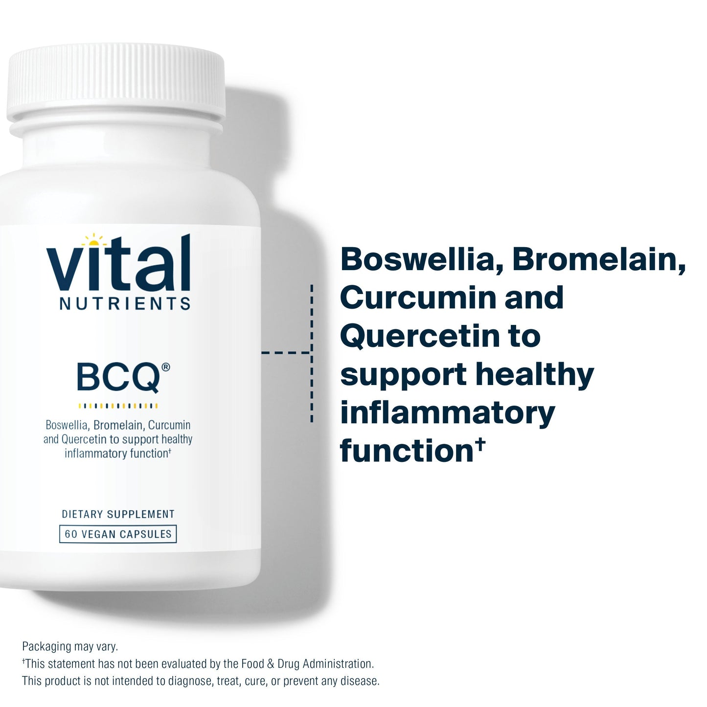 A white supplement bottle labeled "BCQ" with ingredients listed: Boswellia, Bromelain, Curcumin, and Quercetin for inflammatory support.