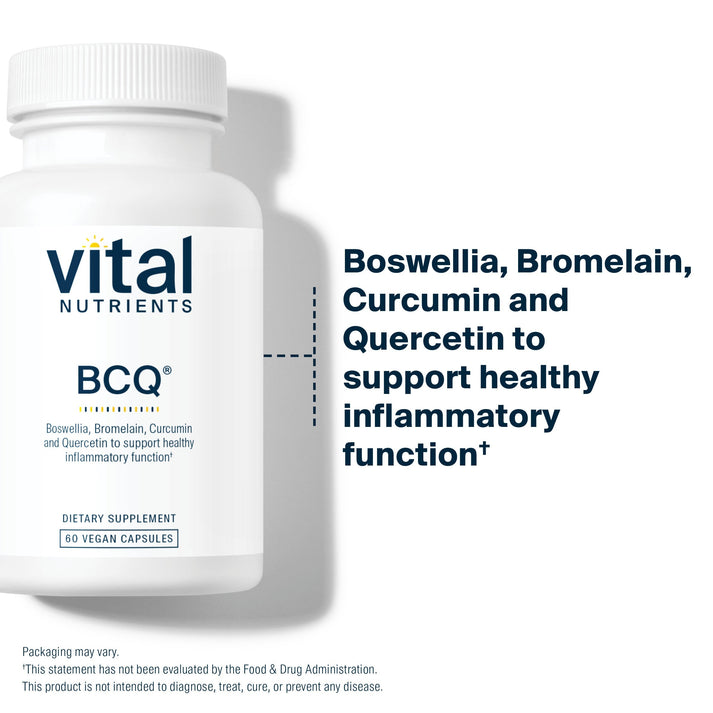 A white supplement bottle labeled "BCQ" with ingredients listed: Boswellia, Bromelain, Curcumin, and Quercetin for inflammatory support.