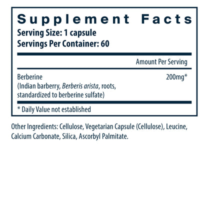 Vital Nutrients Berberine 200mg dietary supplement capsules supplement facts.