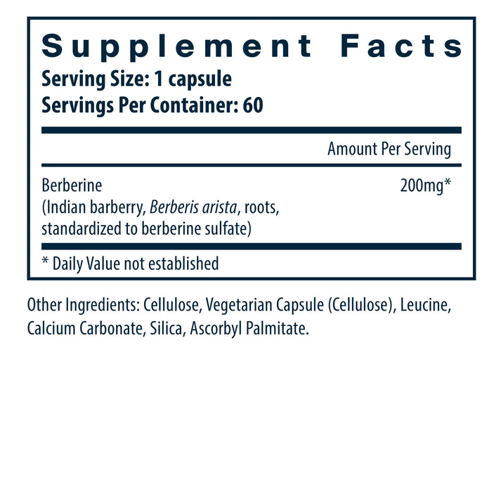 Vital Nutrients Berberine 200mg dietary supplement capsules supplement facts.