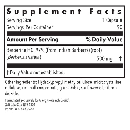 Berberine 500 - supplement fact label with Berberine HCI 97%