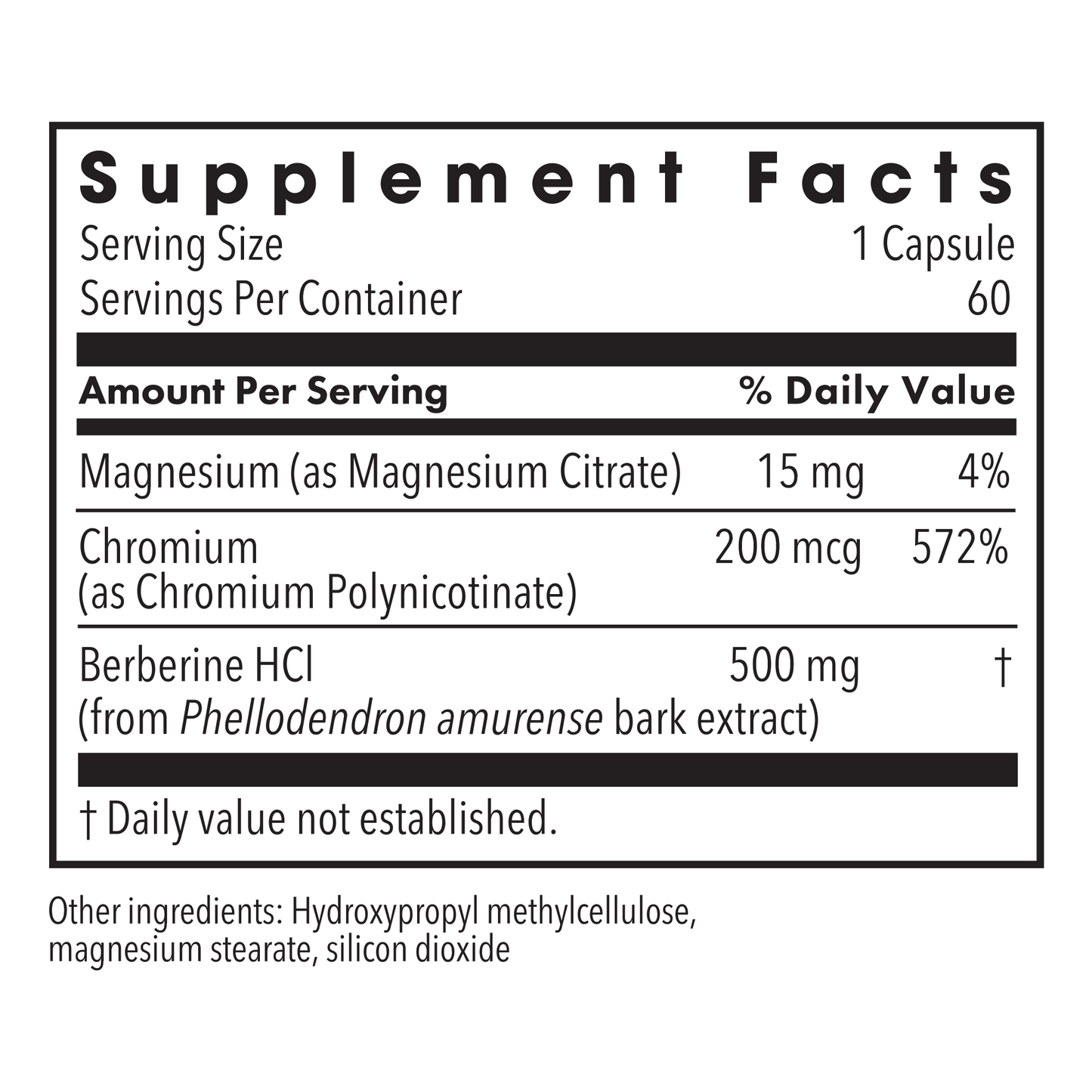 Supplement Facts label for Berberine plus Chromium dietary supplement