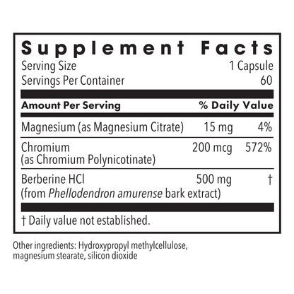 Supplement Facts label for Berberine plus Chromium dietary supplement