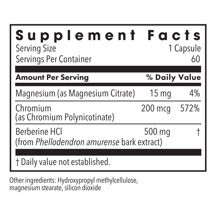 Supplement Facts label for Berberine plus Chromium dietary supplement