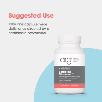 White bottle of Metabolic Maintenance Berberine + Chromium with ARG branding and 60 vegetarian capsules.