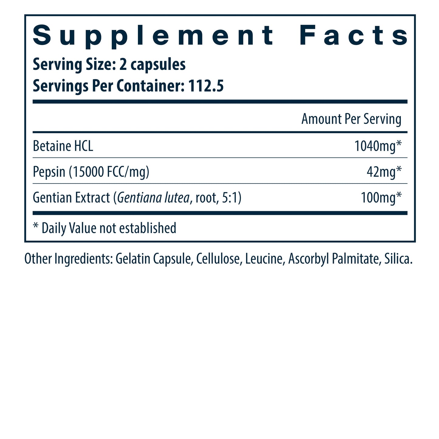 Vital Nutrients Betaine HCl Pepsin Gentian Root Extract supplement facts.