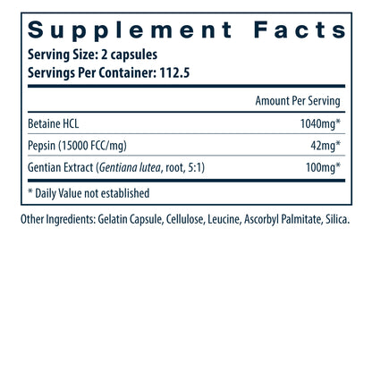Vital Nutrients Betaine HCl Pepsin Gentian Root Extract supplement facts.