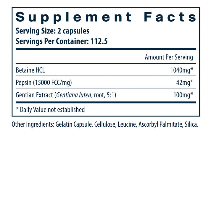 Vital Nutrients Betaine HCl Pepsin Gentian Root Extract supplement facts.