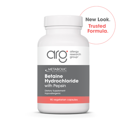 Metabolic Maintenance Betaine Hydrochloride with Pepsin bottle on dark background with New Look Trusted Formula badge.