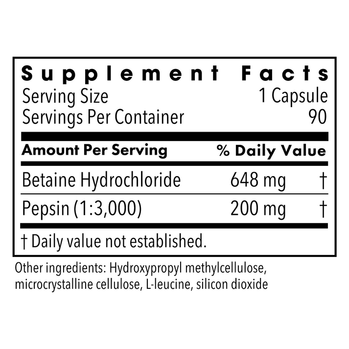 Supplement Facts panel for Betaine Hydrochloride with Pepsin listing per serving amounts and other ingredients.