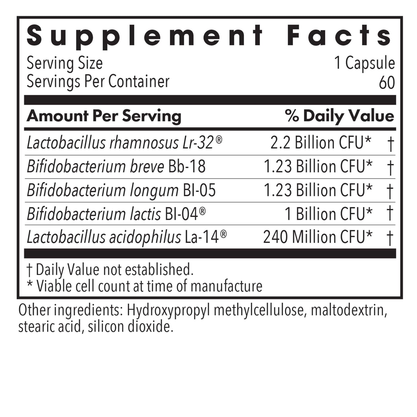 BifidoBiotics - supplement fact label with Lactobacillus and Bifidobacterium