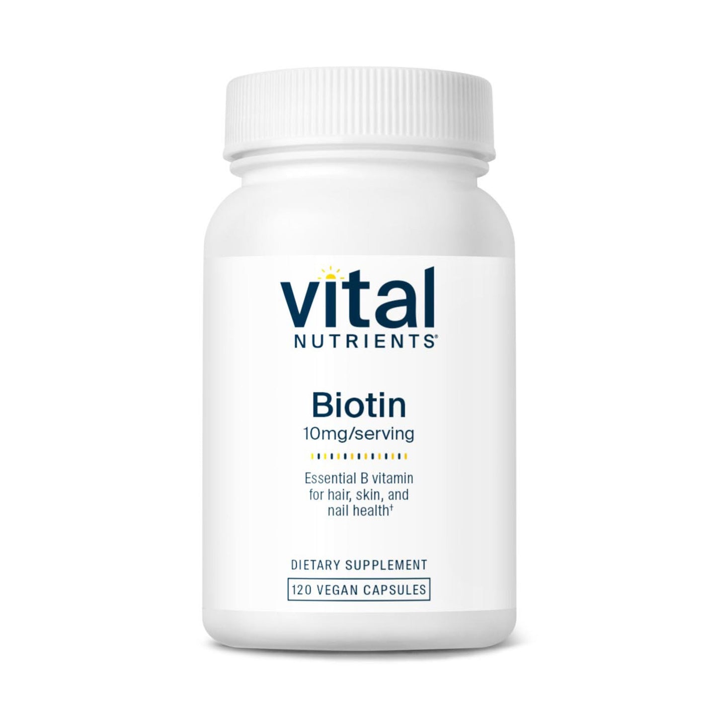 A white bottle labeled "Vital Nutrients Biotin" with 10mg per serving, containing 120 vegan capsules for hair, skin, and nail health.