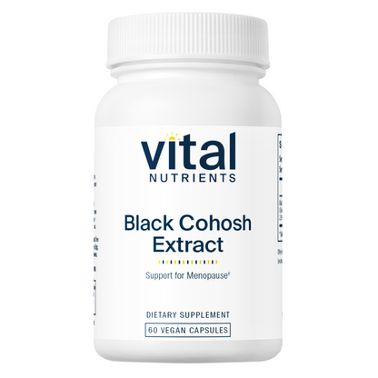 A white bottle labeled "Vital Nutrients Black Cohosh Extract," containing 60 vegan capsules, promoting support for menopause.