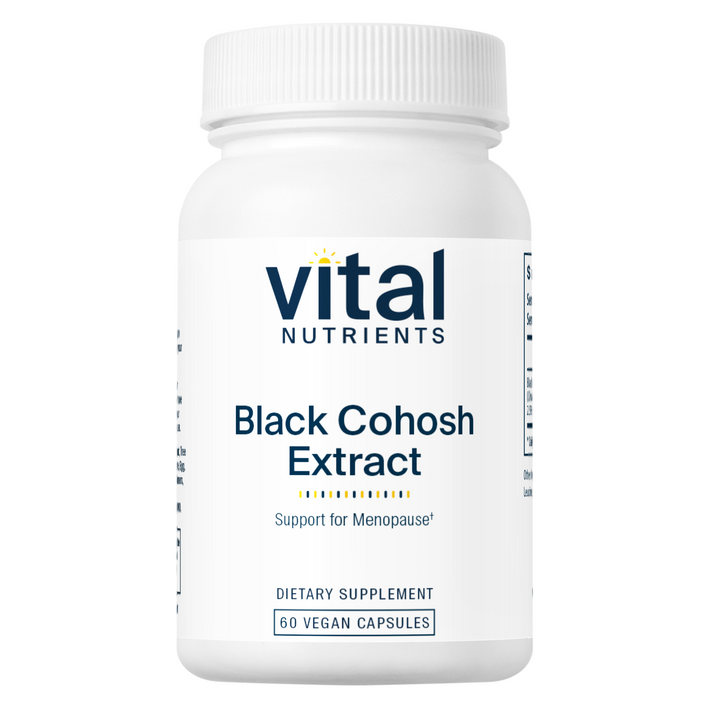 A white bottle labeled "Vital Nutrients Black Cohosh Extract," containing 60 vegan capsules, promoting support for menopause.