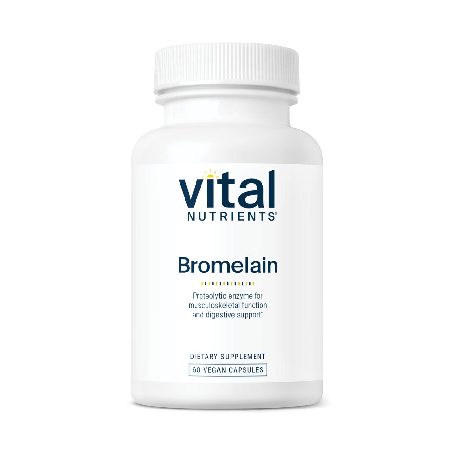 A white bottle labeled "Vital Nutrients Bromelain" with 60 vegan capsules, promoting digestive support and musculoskeletal function.