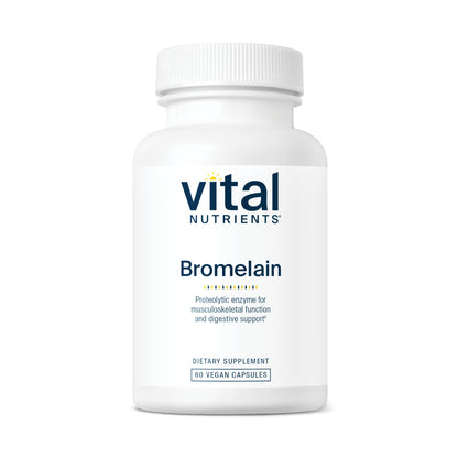 A white bottle labeled "Vital Nutrients Bromelain" with 60 vegan capsules, promoting digestive support and musculoskeletal function.