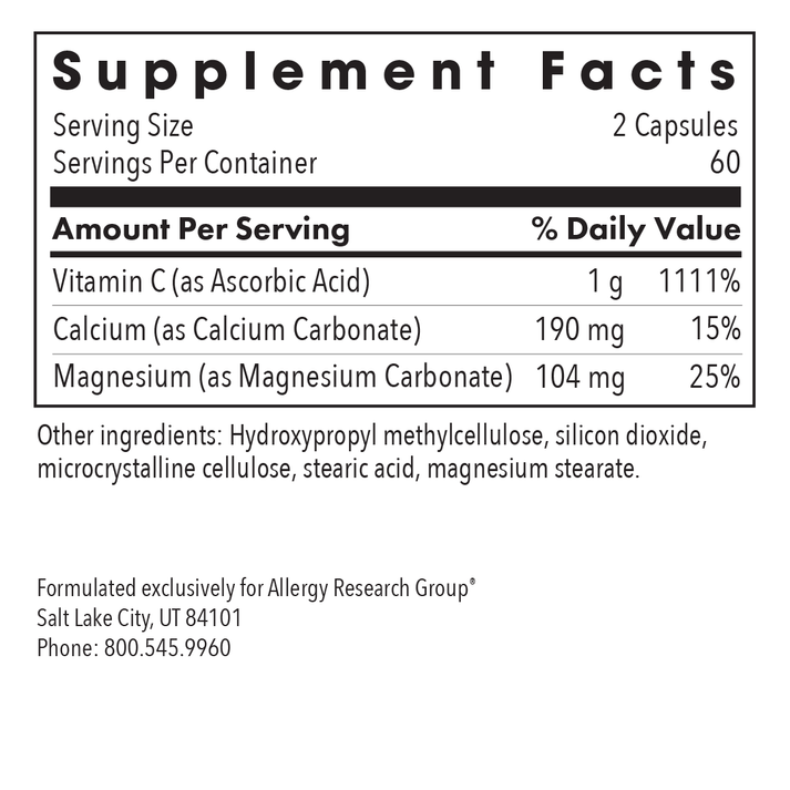 Buffered Vitamin C - supplement fact label with Vitamin C, Calcium and Magnesium