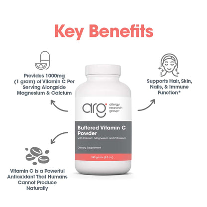Suggested use graphic for Buffered Vitamin C Powder showing half teaspoon directions in liquid between meals beside the supplement bottle