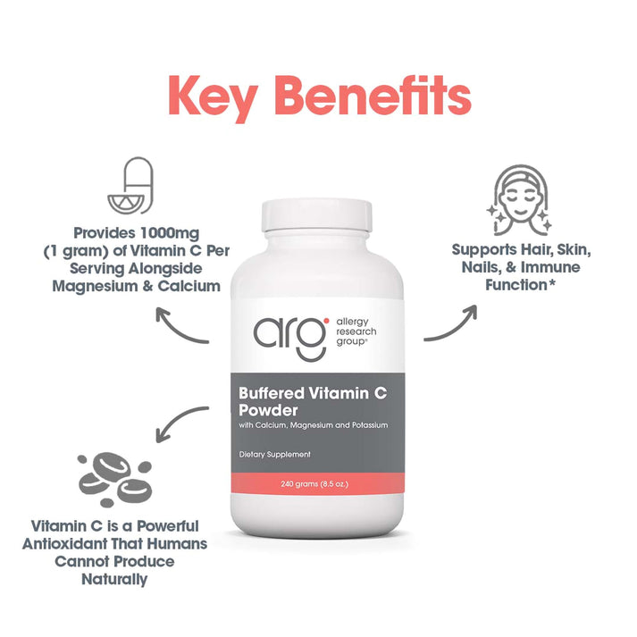 Suggested use graphic for Buffered Vitamin C Powder showing half teaspoon directions in liquid between meals beside the supplement bottle