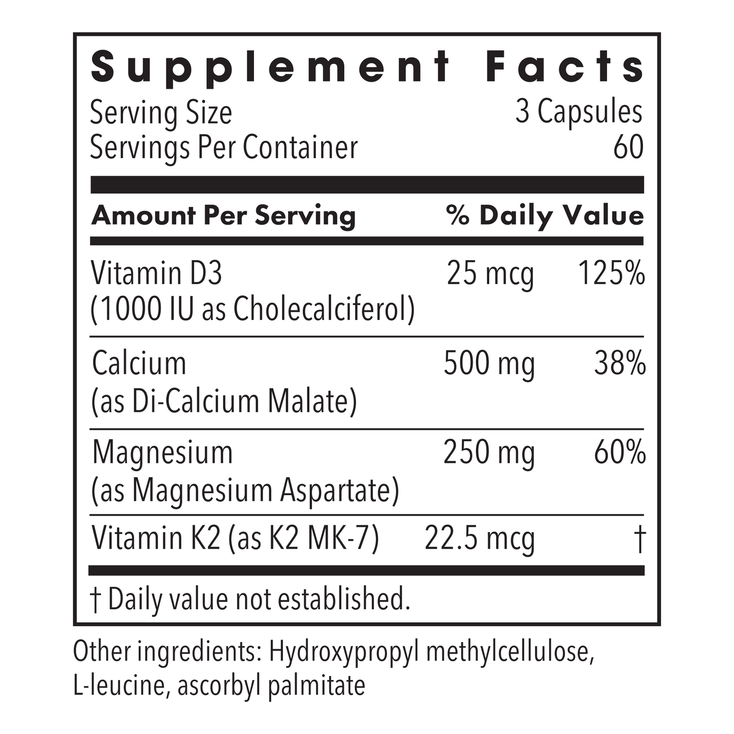 Supplement Facts panel for Cal/Mag Plus listing Vitamin D3 25 mcg (1000 IU) Calcium 500 mg Magnesium 250 mg and Vitamin K2 22.5 mcg