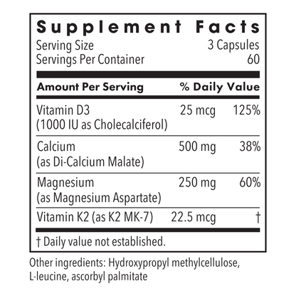 Supplement Facts panel for Cal/Mag Plus listing Vitamin D3 25 mcg (1000 IU) Calcium 500 mg Magnesium 250 mg and Vitamin K2 22.5 mcg