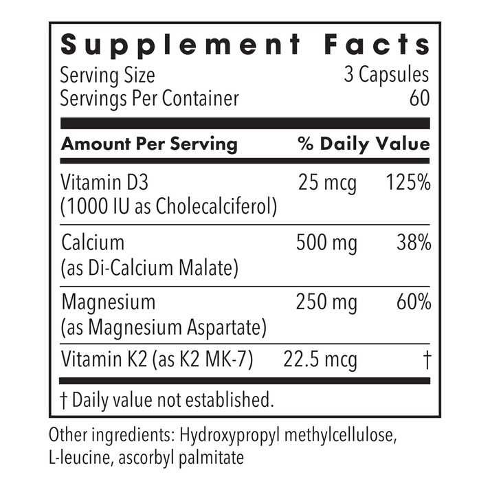 Supplement Facts panel for Cal/Mag Plus listing Vitamin D3 25 mcg (1000 IU) Calcium 500 mg Magnesium 250 mg and Vitamin K2 22.5 mcg