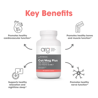 Suggested Use graphic showing Take three capsules daily beside the Cal/Mag Plus bottle