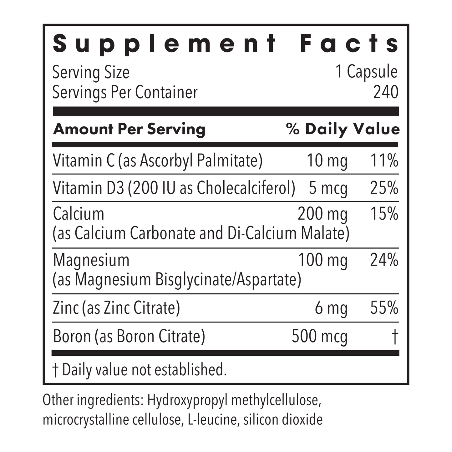 Supplement Facts panel for Cal Mag Zinc Complex with Vitamin D listing Vitamin C D3 calcium magnesium zinc boron.